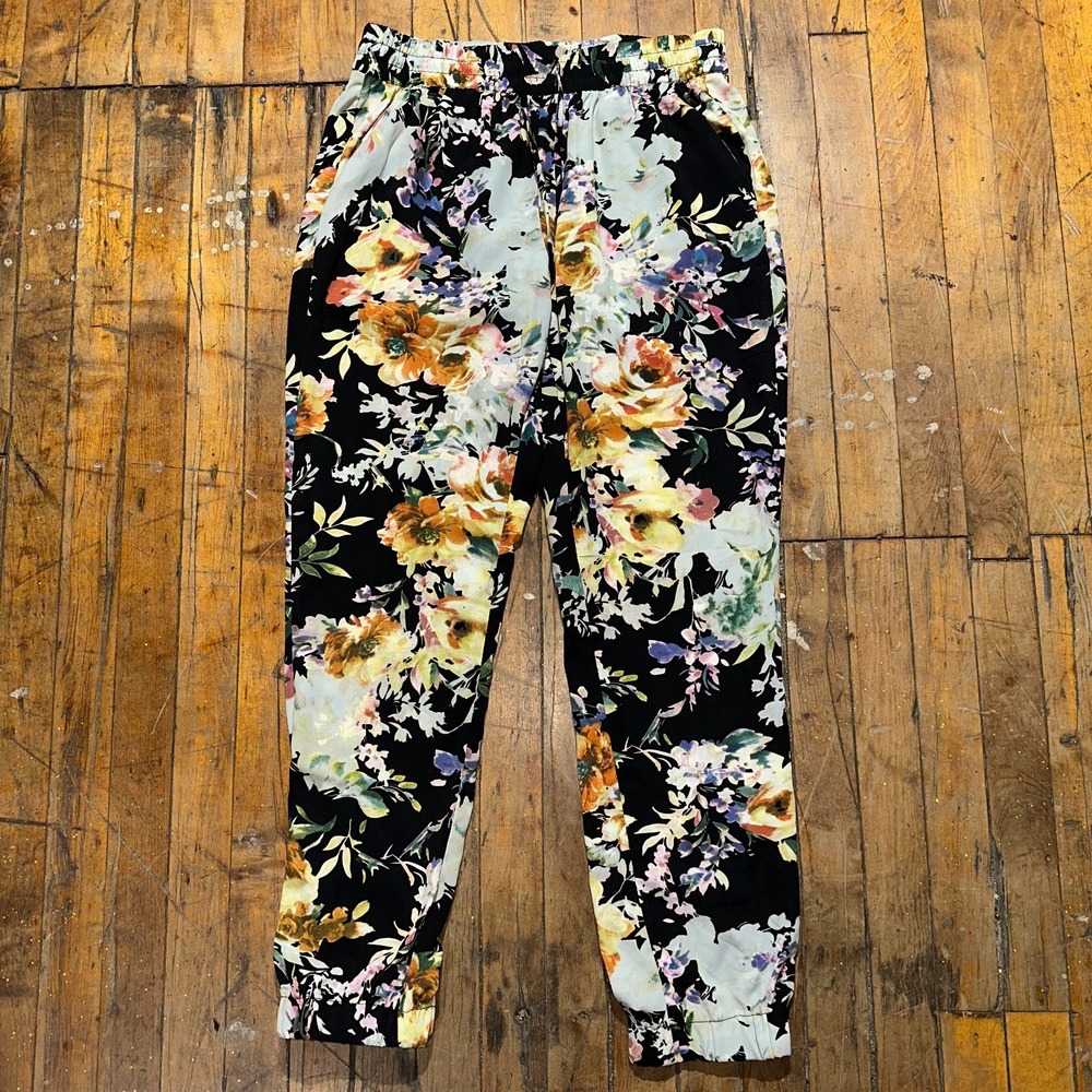 Buffalo David Bitton Jogger Pants Womens S Black Floral Elastic Waist Drawstring